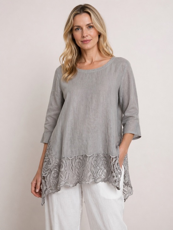 phase eight Tops - PHASE EIGHT Grey LINEN Tunic Crotchet Lace Hem Elegant Gray Lace Trim Top 12